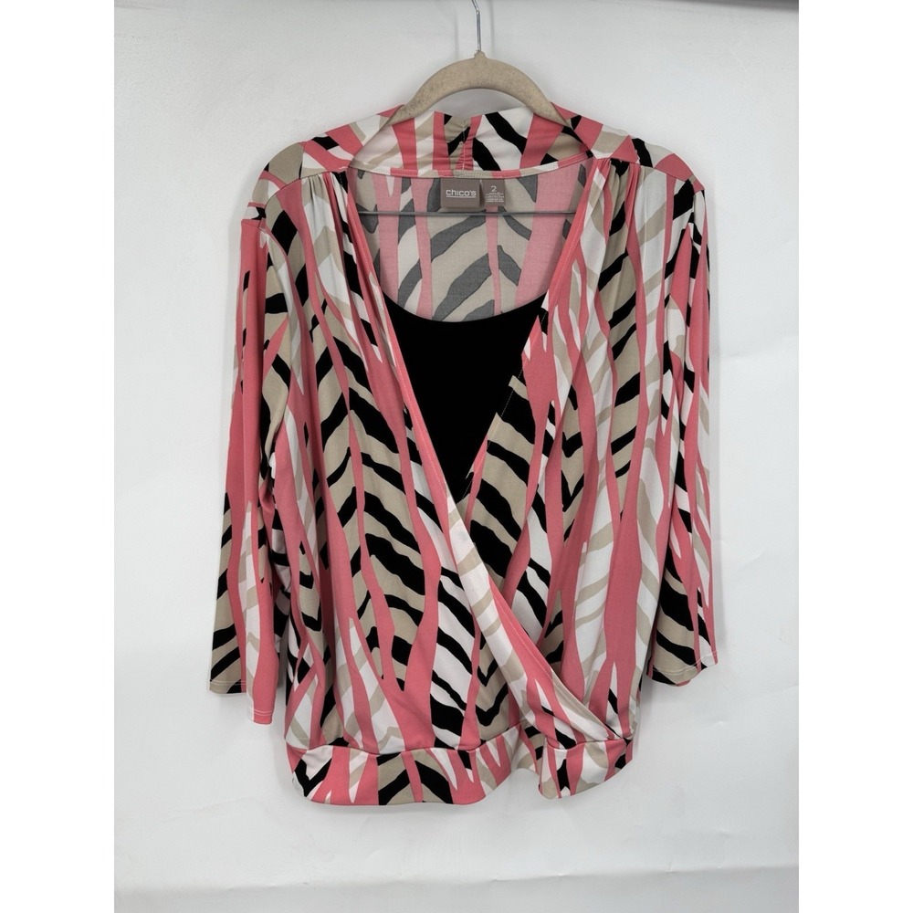 Chico's Pink Black Cream Striped Wrap-Style Blouse